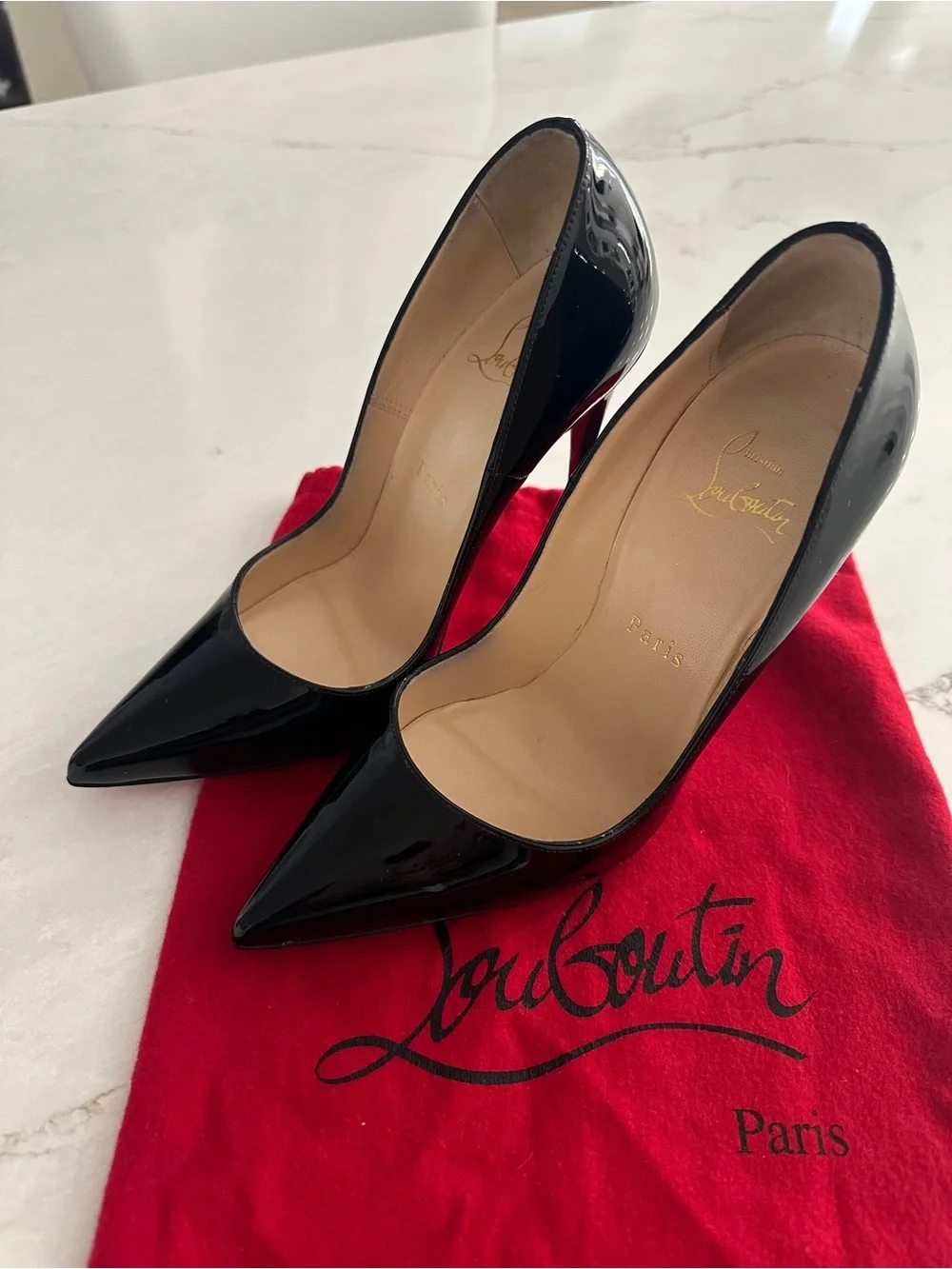 Christian Louboutin So Kate Black Patent Leather Pointed Toe Stiletto Pumps